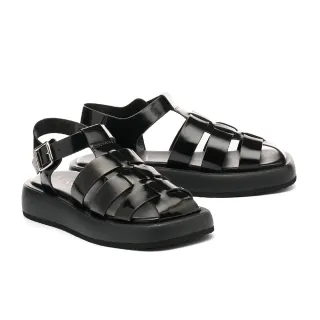 【MISS 21】Y3K少女純色牛皮魚骨編織大頭漁夫厚底涼鞋(黑)