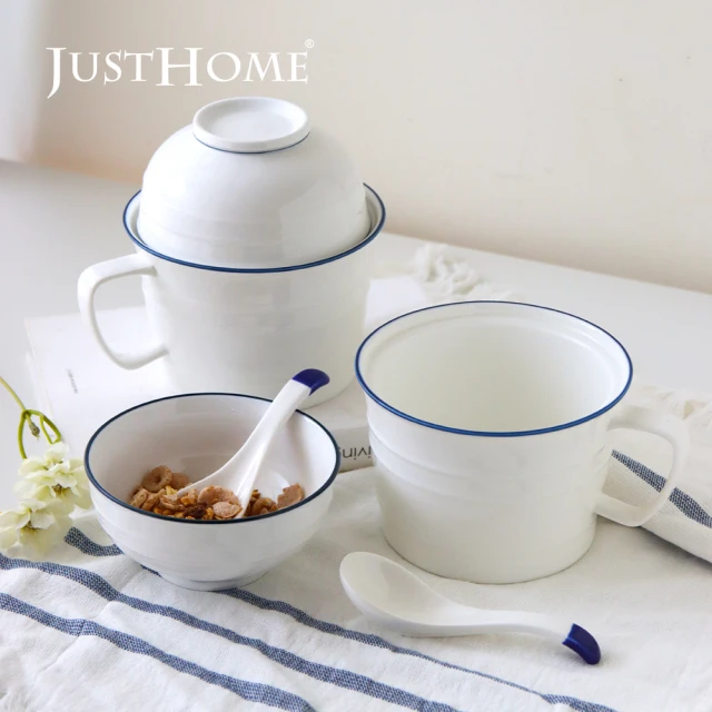 【Just Home】簡約藍邊陶瓷把手泡麵碗900ml-麵碗+飯碗+湯匙6件組(大容量/可微波/麵碗/湯碗/碗/飯碗)