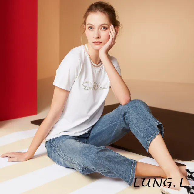 【LUNG.L 林佳樺】LR84E 藍色脇邊剪接女裝直筒九分牛仔褲(春夏新品  棉質)