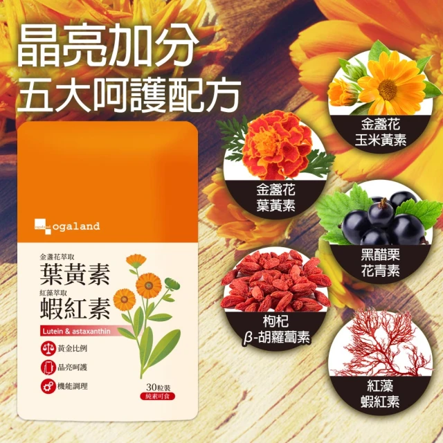 【ogaland】晶亮加分 金盞花葉黃素紅藻蝦紅素 游離型葉黃素 1包組 30粒(黑醋栗 枸杞 玉米黃素 花青素)