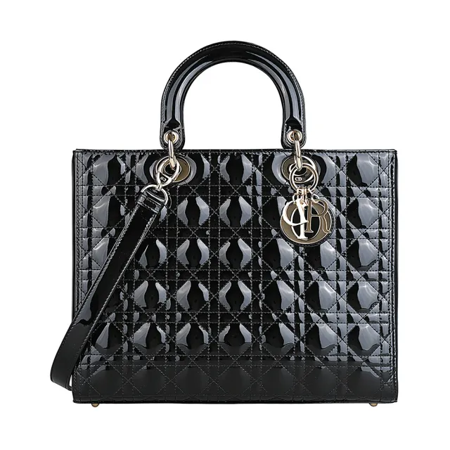 【Dior 迪奧】DIOR LADY DIOR淡金吊飾字母LOGO幾何圖案縫線紋漆皮小牛皮翻蓋手提斜背包(大/黑)