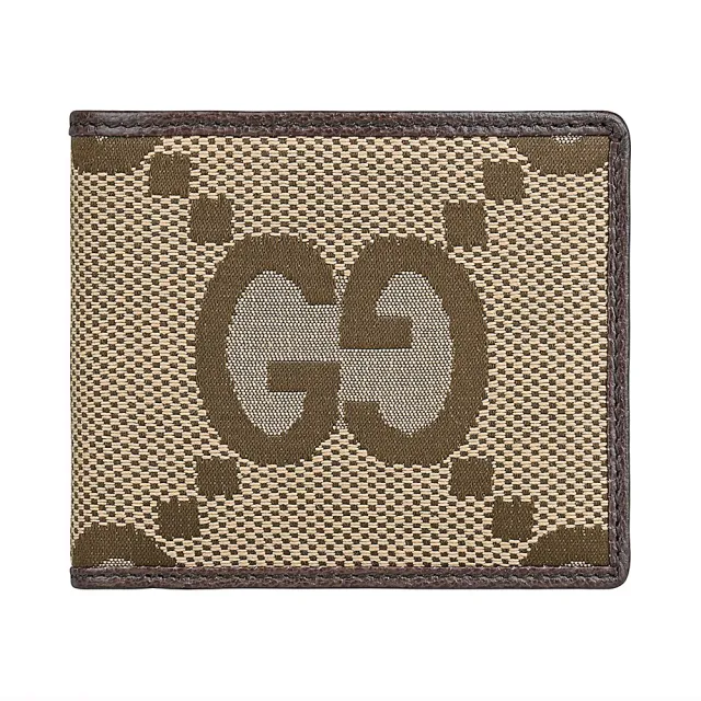 【GUCCI 古馳】GUCCI JUMBO GG 顛倒雙G標誌LOGO設計緹花帆布8卡對折短夾(棕)
