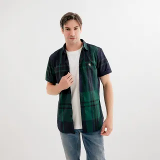 【Arnold Palmer 雨傘】男裝-經典格紋短袖形象款襯衫(藍綠色)