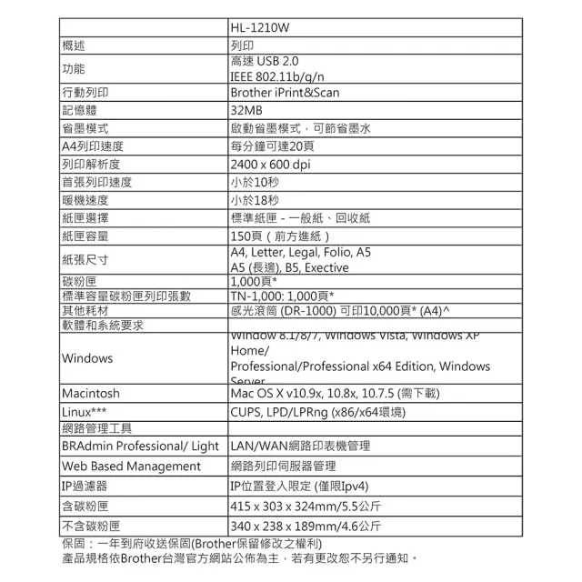 【brother】官方直營 HL-1210W 無線黑白雷射印表機(列印/無線網路/行動列印/不支援 airprint/耗材:TN1000)
