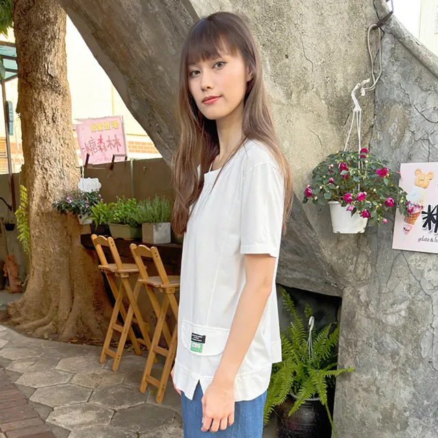 【Hana Mokuba】花木馬日系女裝圓領趣味假口袋造型開叉休閒T恤(T恤)