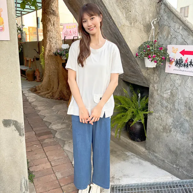 【Hana Mokuba】花木馬日系女裝圓領趣味假口袋造型開叉休閒T恤(T恤)