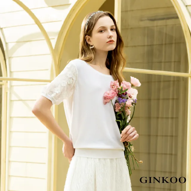 【GINKOO 俊克】袖子花邊圓領針織上衣
