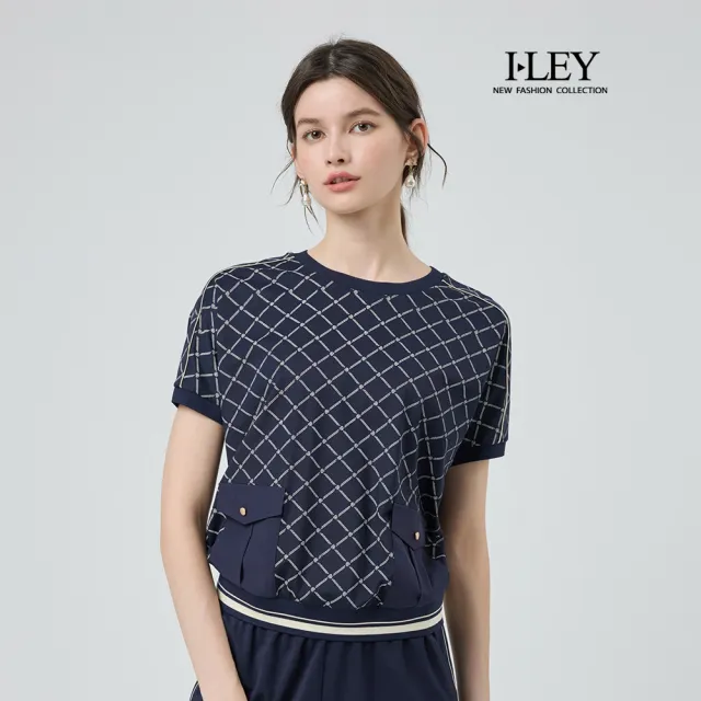 【ILEY 伊蕾】撞色菱格紋縲縈連袖上衣(深藍;M-2L;1252361002)