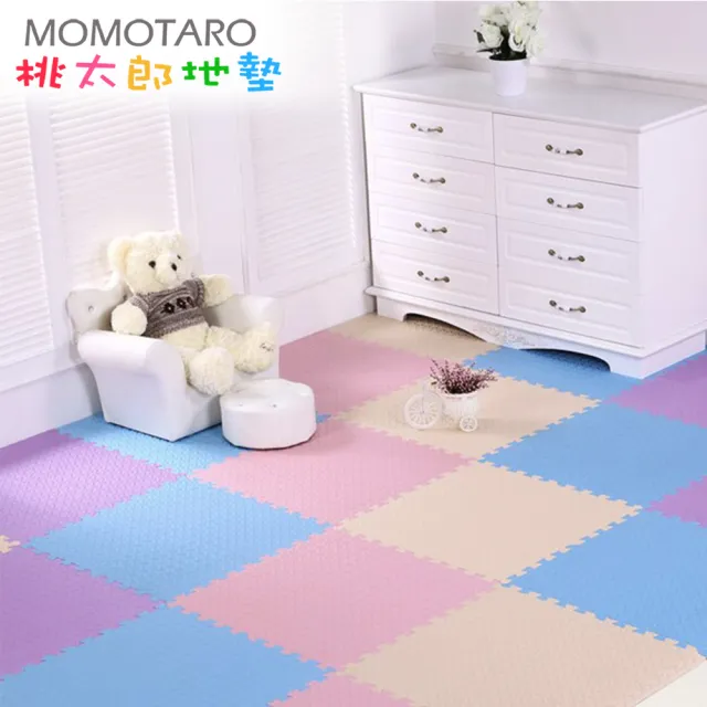 【MOMOTARO 桃太郎地墊】台灣製極厚2.5CM超Q樹葉紋64x64巧拼地墊防撞墊瑜珈墊-附雙邊條(16片裝-約1.8坪)