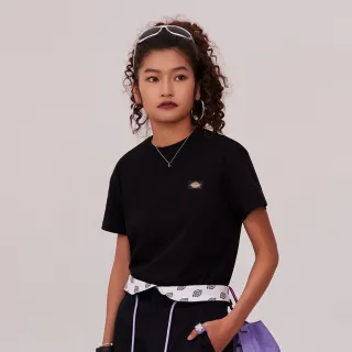 【Dickies】女款黑色純棉短版Logo小織標短袖T恤｜DK011775BLK