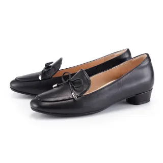【MAGY】牛皮細帶蝴蝶結樂福粗低跟鞋(黑色)