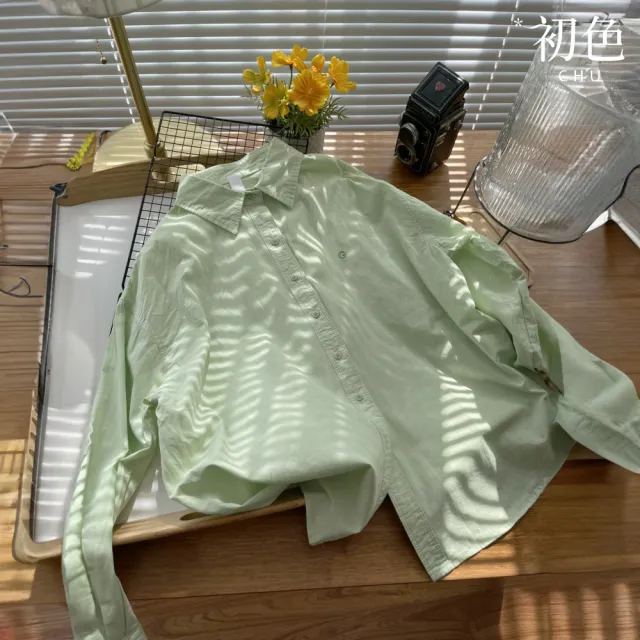 【初色】甜美風休閒寬鬆純色字母刺繡單排扣襯衫領長袖襯衫外套女外套-共5色-11383(F可選)