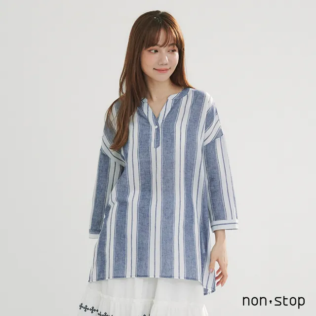 【non-stop】隨性寬鬆條紋長版襯衫-2色