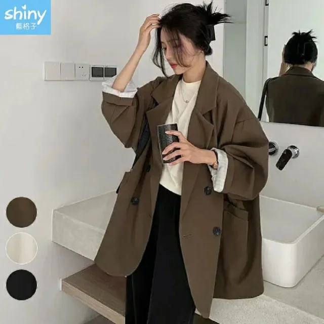 【Shiny 藍格子】素色寬鬆長袖西裝外套 V5063 現+預(女裝)