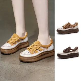 【J&H collection】頭層牛皮外出款厚底涼鞋 休閒鞋(黃色／棕色)