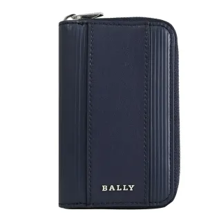 【BALLY】LITTS 線條壓紋牛皮拉鍊鑰匙包(深藍)