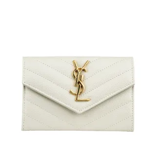 【YSL】山形紋荔枝皮金字logo小卡/短夾(復古白)