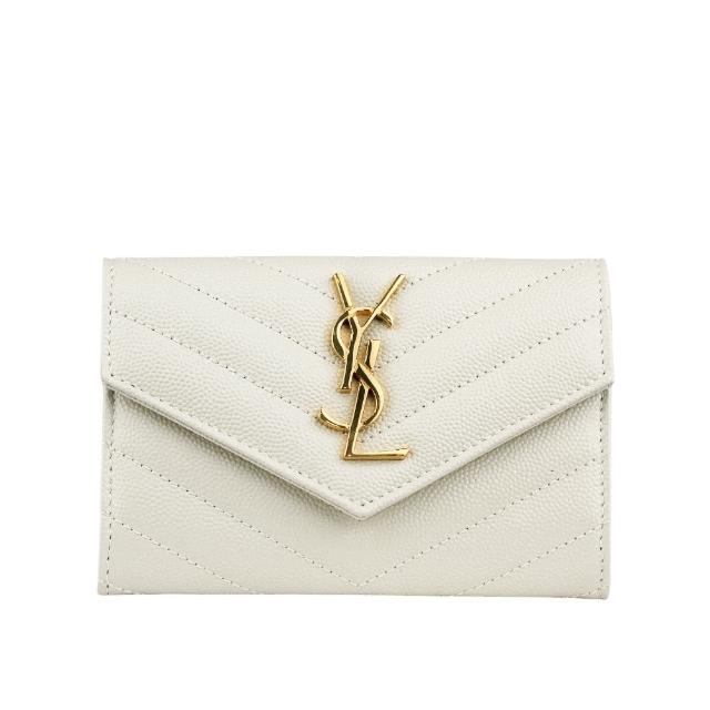 【YSL】山形紋荔枝皮金字logo小卡/短夾(復古白)