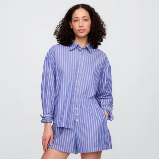 【GAP】女裝 純棉翻領長袖襯衫-藍白條紋(781563)