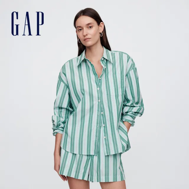 【GAP】女裝 純棉翻領長袖襯衫-綠色條紋(781563)