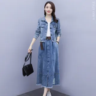 【艾美時尚】中大尺碼女裝 單寧 套裝 兩件式刷破拼接休閒牛仔裙套裝。S-L(藍.預購)