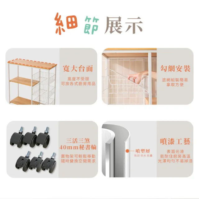 【居家cheaper】三板三籃廚房置物架 附輪組 TD080-3NWTc(廚房架 廚房櫃 廚房置物架 烤箱架)