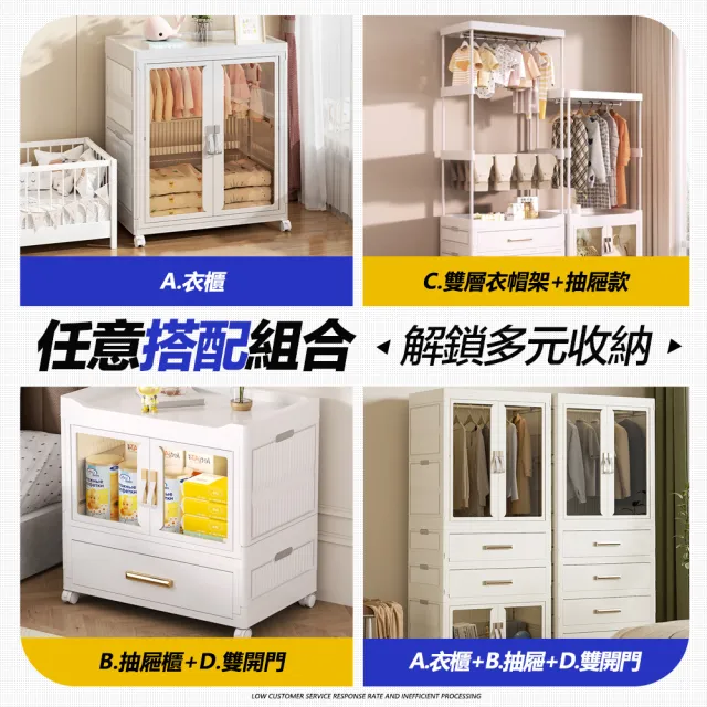 【FL 生活+】百變模組折疊收納櫃-64面寬-抽屜櫃*1+雙開收納箱*1+基本衣帽架*1(衣櫥 衣櫃 收納箱 附衣架)