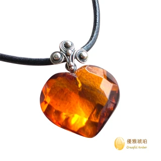 【優雅琥珀】來自波羅地海  鑽切面 心型干邑色琥珀項鍊(手工雕刻 硫化銀處理+皮繩 choker)
