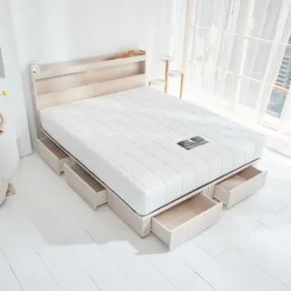 【藤原傢俬】遙控/觸控燈附插座三件式床組5尺雙人(新6抽床架床底+床頭+白色戀人硬式床墊)