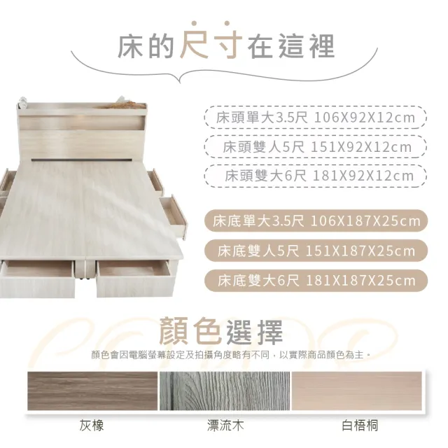 【藤原傢俬】遙控/觸控燈附插座三件式床組6尺雙人加大(新6抽床架床底+床頭+白色戀人硬式床墊)