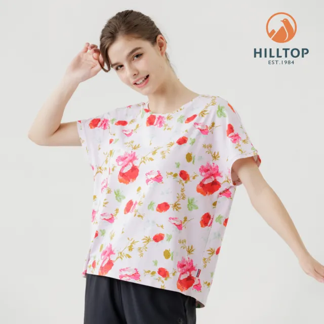 【Hilltop 山頂鳥】Polygiene抗菌抗UV吸濕快乾印花彈性T恤 女款 粉底花｜PS04XFN6ECFZ