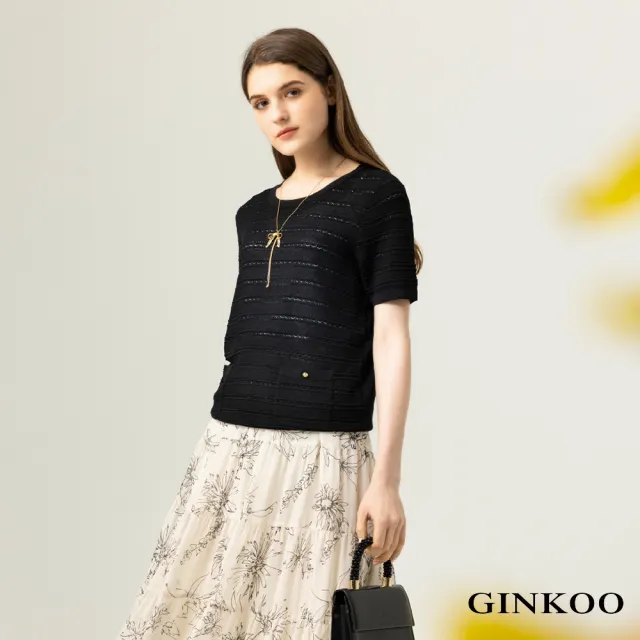 【GINKOO 俊克】前口袋圓領條紋針織上衣