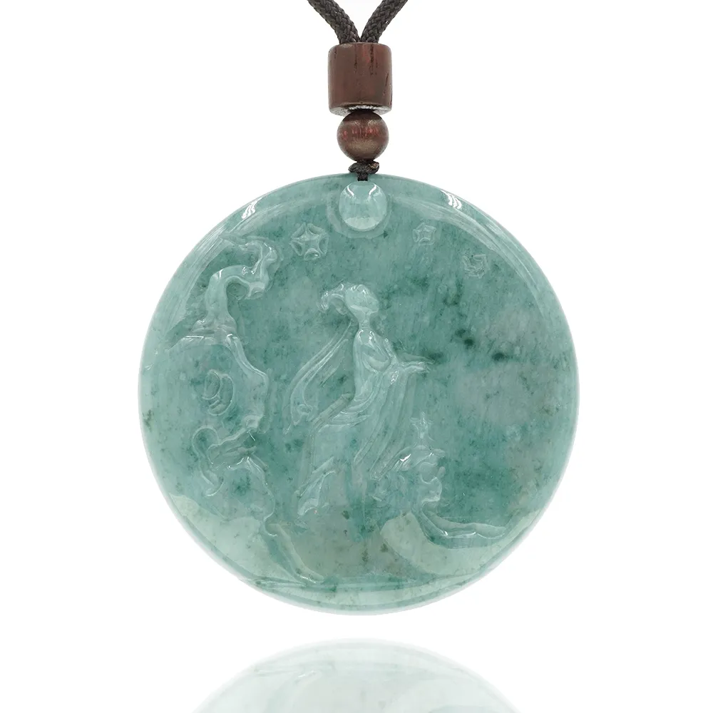 【喜緣玉品】天然翡翠玉石 滿綠 嫦娥望月 玉珮(直)