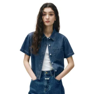 【MARITHE FRANCOIS GIRBAUD】官方旗艦 女版 LOGO單寧短袖襯衫 MFG 牛仔襯衫(藍色)