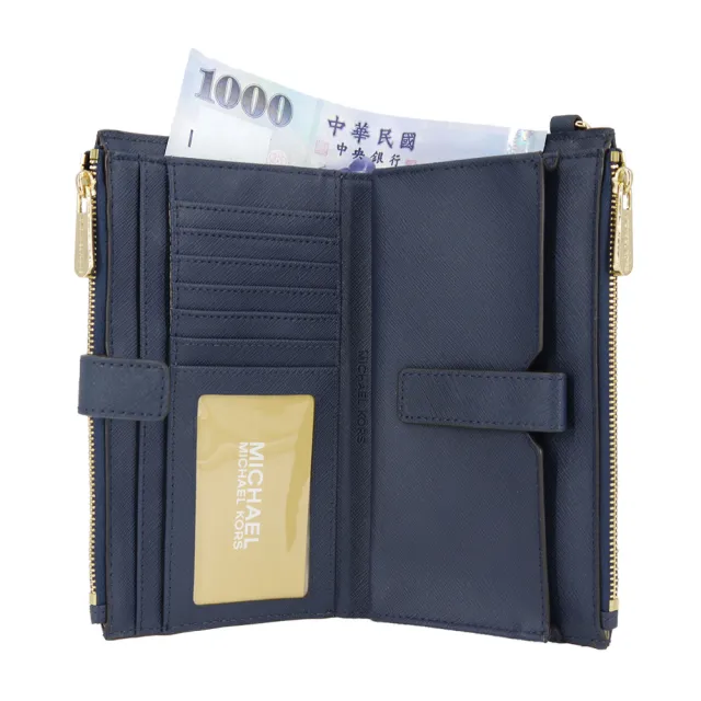 【Michael Kors】JET SET TRAVEL 防刮海軍藍多功能手拿皮夾/手機包(手提帶可拆)