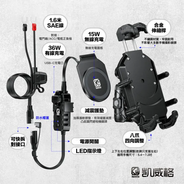 【KEWIG 凱威格】凱威格 M26BAH-C2 白色 無線充電/快充 減震 機車手機架 後視鏡版(導航車架 總代理公司貨)