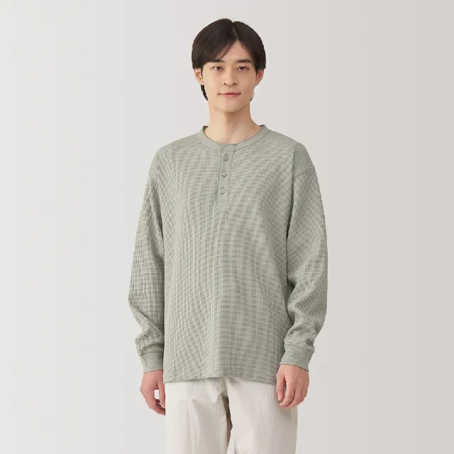 【MUJI 無印良品】男抗UV速乾鬆餅紋亨利領長袖T恤(共4色)