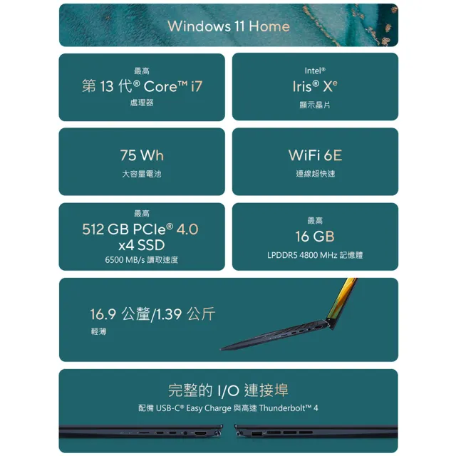 【ASUS 華碩】14吋i7輕薄筆電(ZenBook UX3402VA/i7-13700H/16G/512G SSD/W11/EVO/2.5K)