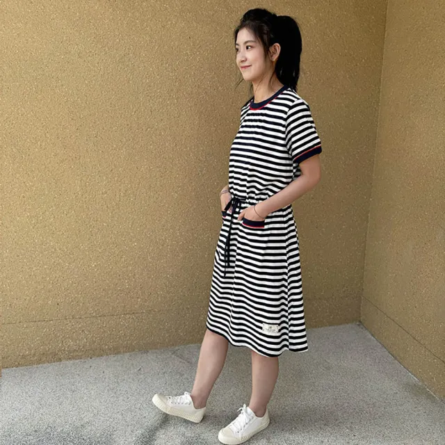 【Hana Mokuba】花木馬日系女裝圓領條紋綁帶休閒洋裝(洋裝)