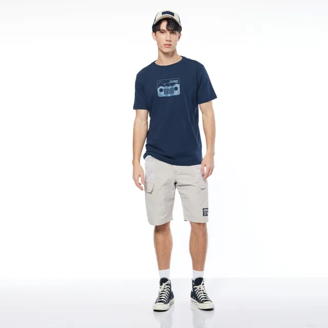 【JEEP】男裝 品牌車頭燈印花純棉短袖T恤(藍色)