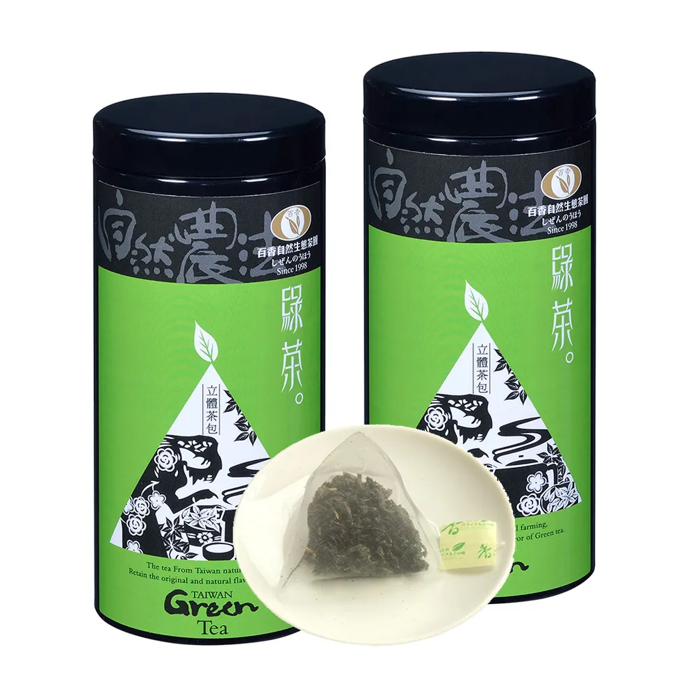 【百香】綠茶三角立體茶包3gx16入 2罐組 自然農法 茶包(100%台灣茶 百香茶葉 綠茶 茶包 年節送禮)
