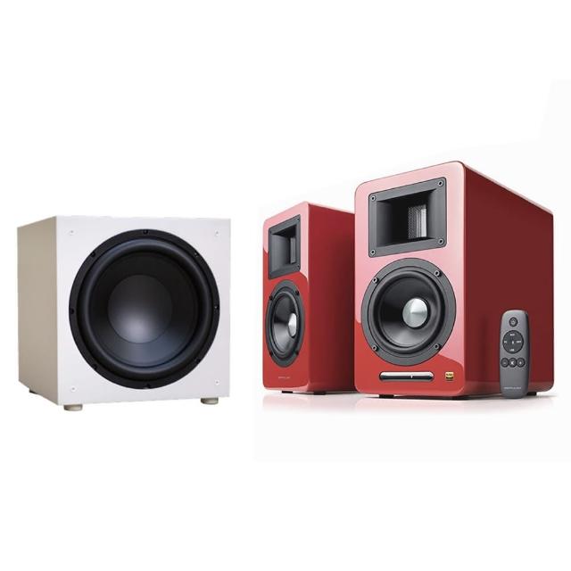 【AIRPULSE】A100 PLUS鋼烤紅+ELAC SUB1225W(雙聲道主動式音箱+12吋重低音喇叭)
