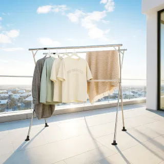 【GOOD VIBE LIVING 好氣氛家居】殿堂2.4米X型三桿伸縮不銹鋼加厚曬衣架/落地衣架(曬衣桿曬棉被架晾衣架)