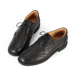 【HERLS】牛津鞋-全真皮翼紋雕花橢圓頭低跟德比鞋(黑色)