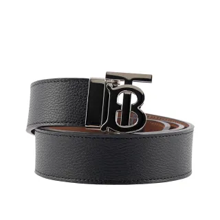 【BURBERRY 巴寶莉】銀色Logo 牛皮及平滑皮革雙面可用皮帶_寬3.5CM(黑色/棕褐色)