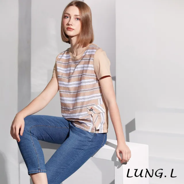 【LUNG.L 林佳樺】LS25A 卡其色條紋拼接素色針織短袖女裝上衣(春夏新品)