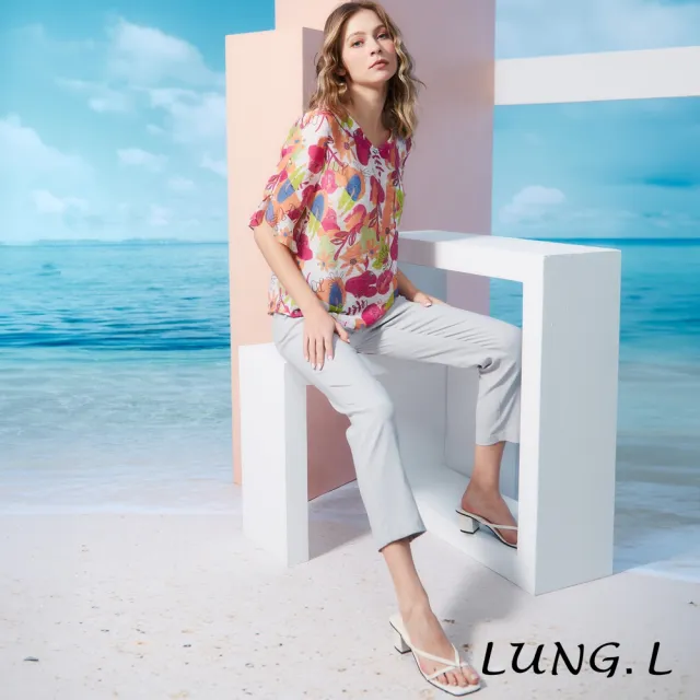 【LUNG.L 林佳樺】LR53A 桃紅色印花V領棉質五分袖女裝上衣(春夏新品 加大尺碼)