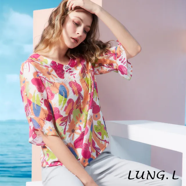 【LUNG.L 林佳樺】LR53A 桃紅色印花V領棉質五分袖女裝上衣(春夏新品 加大尺碼)