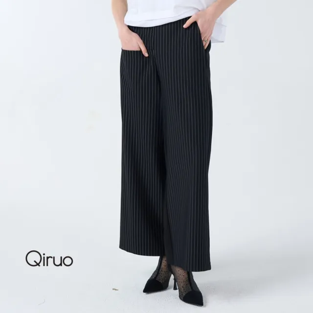 【Qiruo 奇若名品】黑色寬版長褲 垂墜感 高挑感十足 3091C  休閒正式皆可