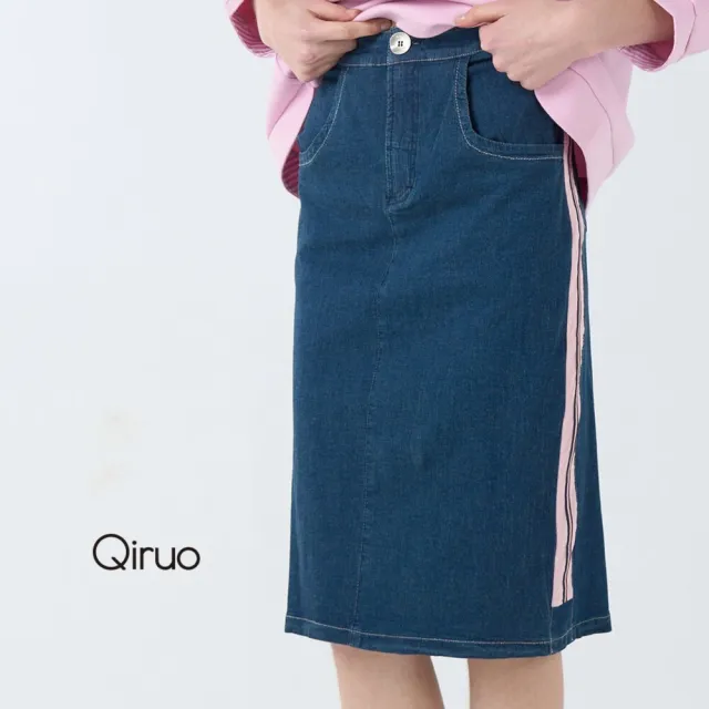 【Qiruo 奇若名品】牛仔彈性布 側邊粉色寬線條修飾 藍色五分牛仔裙1819B
